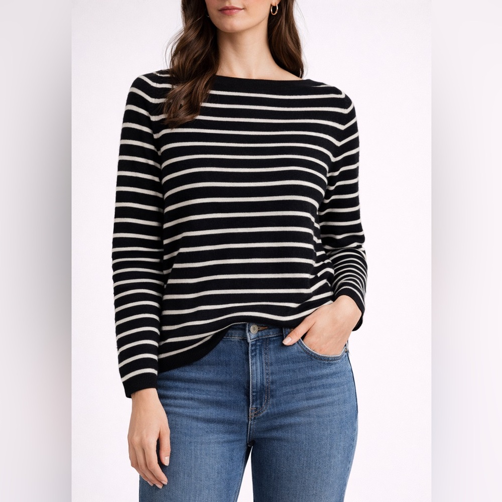 Charter Club 100% 2-Ply Cashmere Sweater Top Black and White Stripe Boatneck S